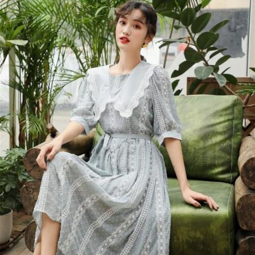 French palace fashion lace embroidery retro dress female Lapel collar tie lace vacation dress was thin slim beach dress wq2038