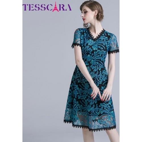 TESSCARA Women Summer Luxury Embroidery Dress Festa High Quality Vinatge Cocktail Party Robe Femme Designer Blue Lace Vestidos