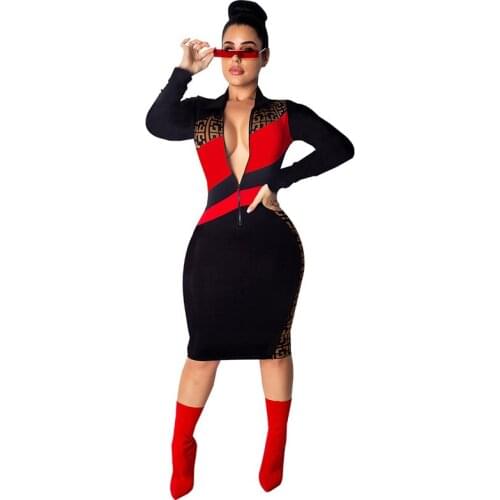 2019 Women New Print Splicing Dress Long Sleeve Stand Neck Front Zipper Slim Bodycon Dress Moto Biker Midi Dress Vestidos