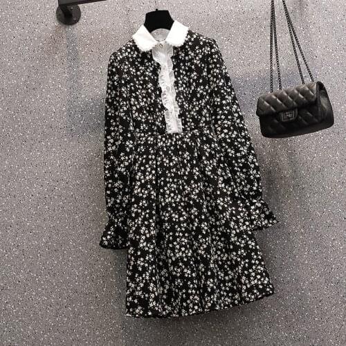 Floral Print Turn-down Collar Button Chiffon Females Dress Long Sleeve Sweet Ladies 2021 New Loose Size Elegant Dresses mini