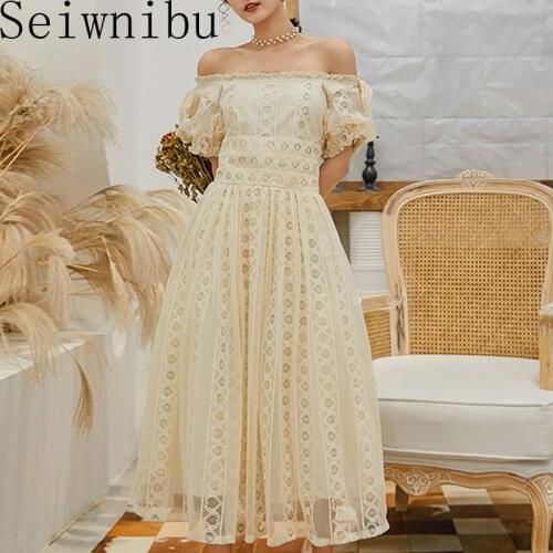 Blue Lace Dress Stylish Slash-Neck Short Puff Sleeve Waist-Controlled Crochet Bow Dress Women Vintage Pleated Dress