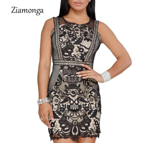 Ziamonga Black White Embroidery Floral Celebrity Bodycon Bandage Dress 2018 Sexy Club Dresses Sleeveless Slim Hollow Lace Dress