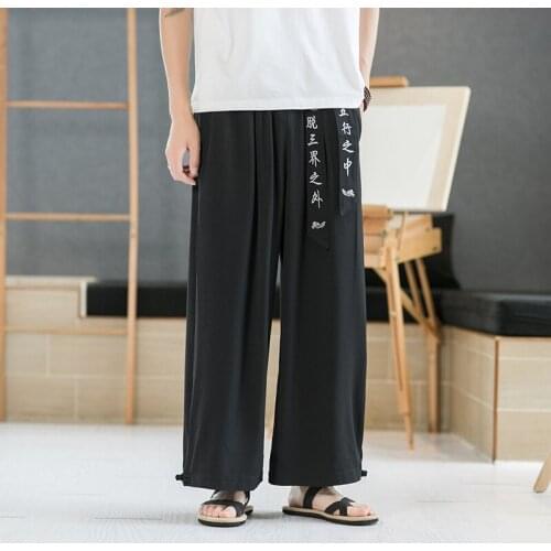 Men Cotton Linen Wide Leg Pants Summer Harajuku Male Streetwear Harem Pants Man Chinese Style Hanfu Kongfu Trousers Skirt 31121