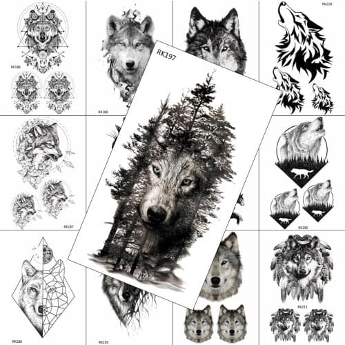Black Wolf Forest Temporary Tattoos Fake Body Art Painting Arm Chest Tattoos For Adult Waterpoof Realistic Sheet Sticker Holiday