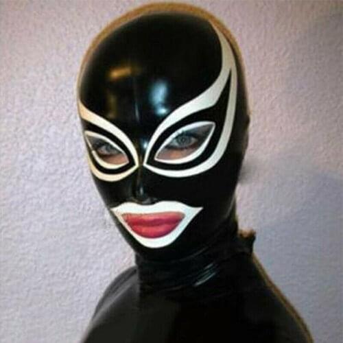 Black Latex Hood with White Trim Open Unique Eyes and Mouth Unisex Rubber Mask gag sex tools for females pumping