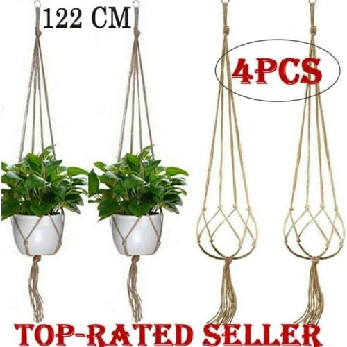 Hot selling 4 pieces of hand-woven cotton rope hanging basket flower pot decoration wall with tassel household plant rack storag