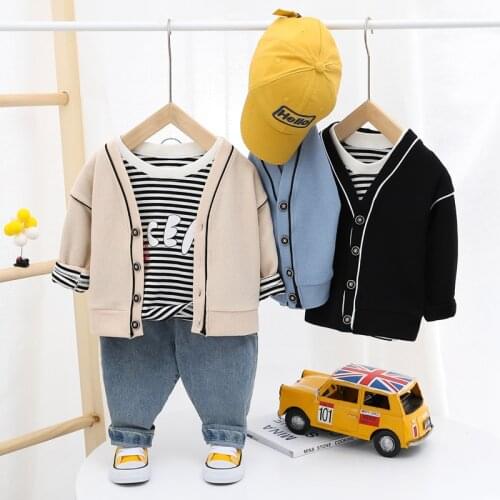 Spring Autumn Toddler Clothes Boy Clothing Sets Wool Cardigan Sweater+Stripe Shirt+Jeans 3pc Fashion Children Outfits 1-5 Years