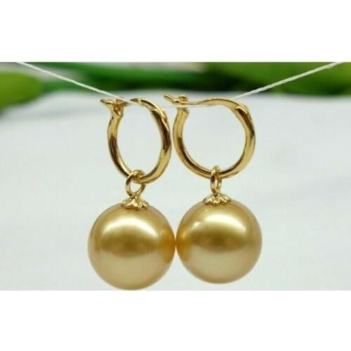 Beauty a pair 11-12mm natural south sea genuine gold round pearl dangle earrings