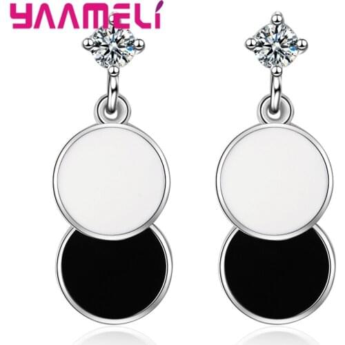 Hot Sale Brincos White Black Enamel Party Earring 925 Sterling Silver Round Disk CZ Crystal Women Fashion Accessories Jewelry