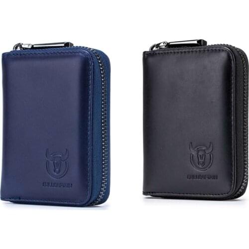 Hot kf-BULLCAPTAIN 2 Pcs Leather Men Wallet Card Pack Zipper Card Case Holder Credit Card Bag Coin Purse Dark Blue & Black