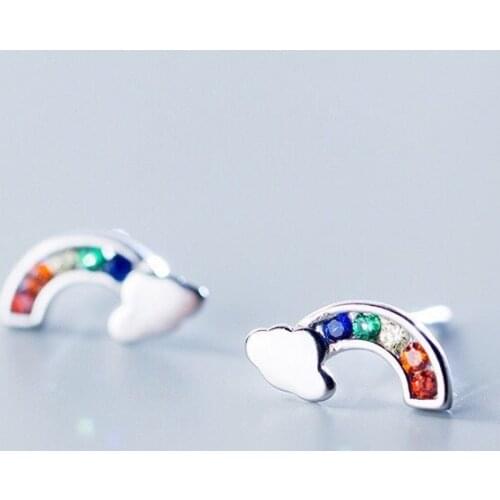 ModaOne Sweet Cute Rainbow Cloud Silver Color Cubic Zirconia Stud Earrings For Women Girls Simple Trendy Jewelry Gifts