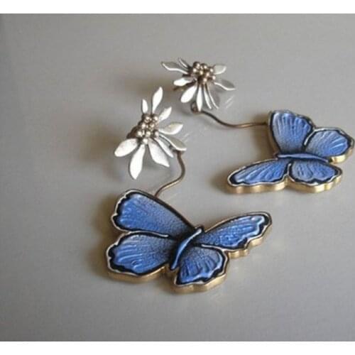 Fashion Cute Blue Butterfly crystal silver plated Hoop Huggie Earrings