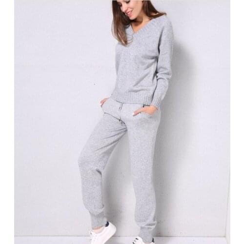 Fashion Womens set Multicolor Knit Long Sleeve Sexy V-neck sweater Casual trousers suit Explosive Slim Two-Piece Sportswear