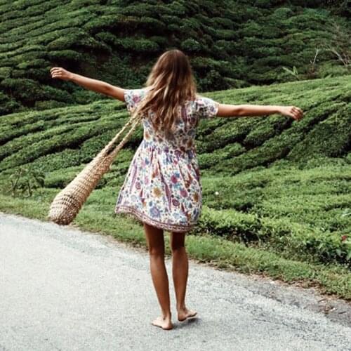 European and American national style printed V-neck short sleeve dress skirt