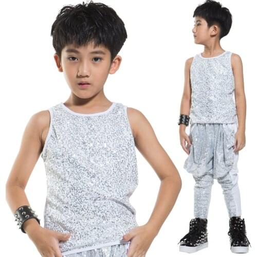 New Boys Jazz Dance Costumes for Kids Colorful Sequins Sleeveless Suit Hip Hop Dancing Clothes Stage Dance Show Costumes DQS2799