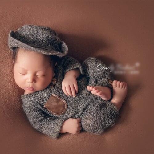 Newborn Baby Boy Clothes Gray Jumpsuit Cowboy Hat Set Kids Photography Props Outfit For 0-3 Months Studio Fotografie Accessoires