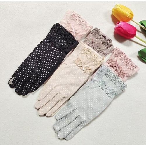 Women Summer Thin Cotton Dot Full Finger Lace Bowknot Cycling Non-slip Breathable Sunscreen Touch Screen Driving Gloves