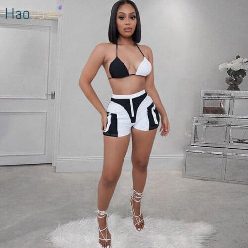 HAOYUAN Sexy Two Piece Set Backless Crop Top Biker Shorts Summer Clothes for Women Print Beachwear Vacation Outfits Matching Set