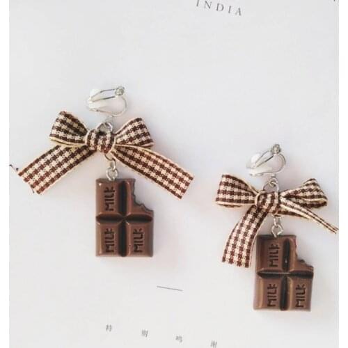 Houndstooth Lace-up Lace Facric Butterfly Tie Bowknot Clip on earrings Food Dessert Cake Chocolate Clip earring without Piercing