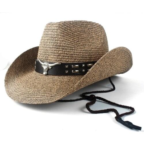 2019 Summwe Straw Women Men Western Cowboy Hat Lady Dad Beach Sombrero Hombre Straw Panama Cowgirl Jazz Sun Cap Size 56-58CM