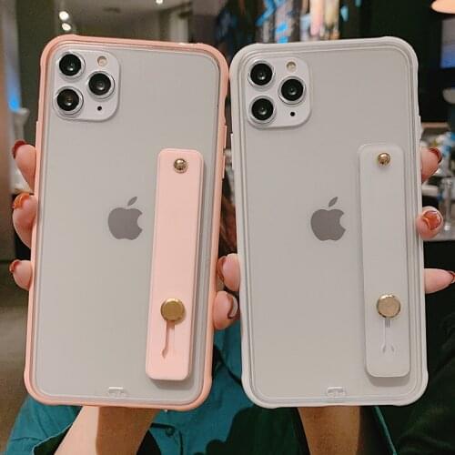 Shockproof Bumper Stand Phone Cases for iPhone 11 Pro X XR XS Max 8 7 6S Plus SE2020 Solid Color Wrist Strap Hard PC Back Cover