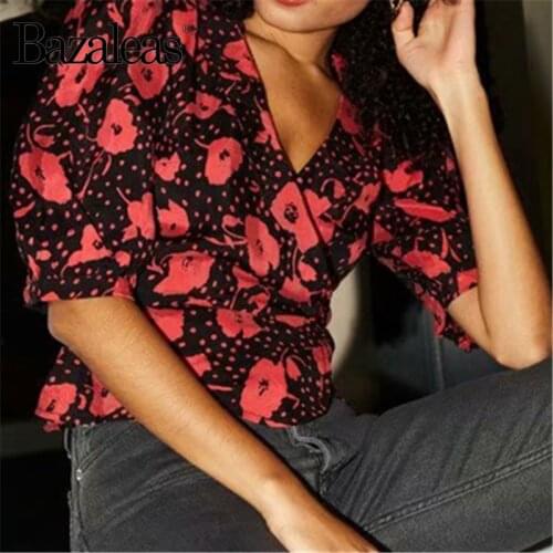 Bazaleas Vintage Hlaf Sleeve Blouse France Wrap Tops Fashion Red Floral Print Black blouse women Chic mujer