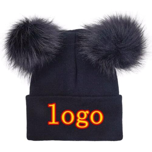Embroidered Logo Letter Knit Double Pompom Hat Solid Color Elasticity Keep Warm Unisex Women Winter Skullies Beanies Ski Cap