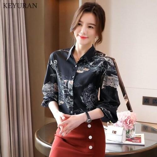 Spring Autumn Womens Printed Shirt Korean Retro Contrast Shirt Female Office Lady Turn-down Collar Long-sleeved Shirt