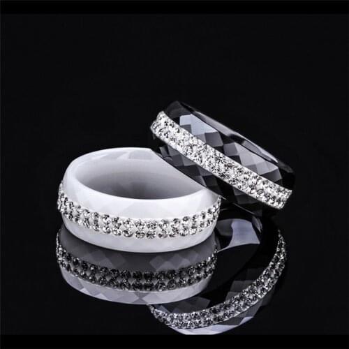 ZORCVENS Ceramic Rings Femal Two Row Rhinestone Black White Simple Style Comefort Fit Crystal Ceramic Rings For Women Jewelry