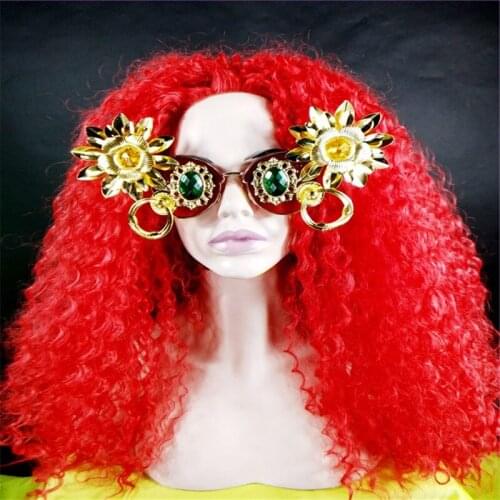 DC72 Ballroom dance gold color glasses catwalk stage show wears dress red wig party bar club performance women headwear dj disco