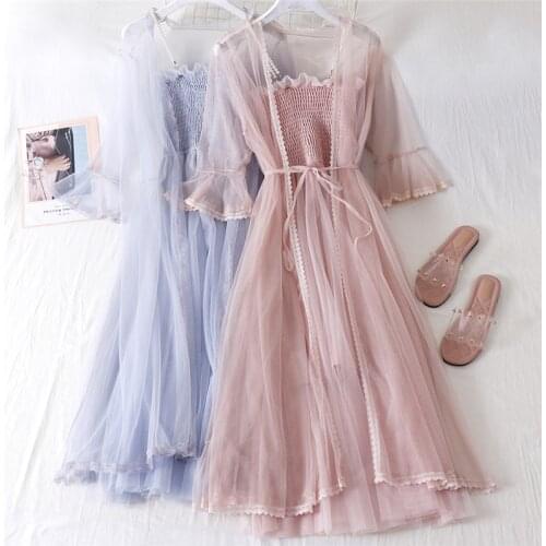 Two-pieces Set 2020 Summer Autumn Women Long Mesh Dress + Half Sleeve Lace Cardigan Sets Female Tank Dress Suits Vestidos AB1872