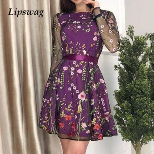 Women 2XL Floral Embroidery Lace Dress 2020 Summer Sexy Sheer Mesh A-line Party Dress Elegant See-through Beach Dresses Vestidos