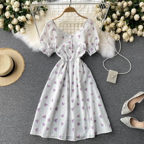 Summer new printing age reduction dresses for women V-neck temperament slim fit Dress Puff sleeve dresses