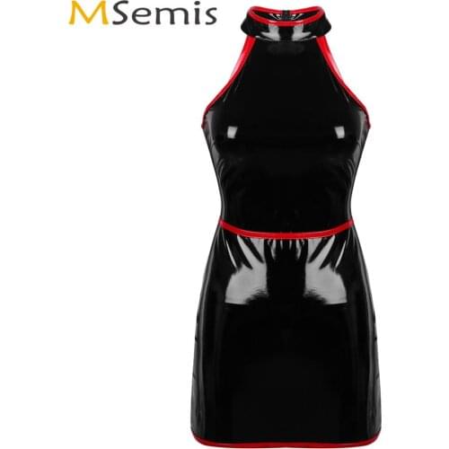 Women Fashion Latex Cocktail Party Dress Clubwear Halter Sleeveless Bodycon Dress Sexy Wetlook PVC Leather Exotic Dance Vestidos