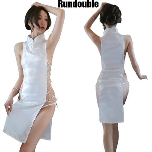 Women Cheongsam Sexy Side Split Traditional Chinese Qipao Underwear Erotic Bandage Robes Role Play Costume Oriental Clothing