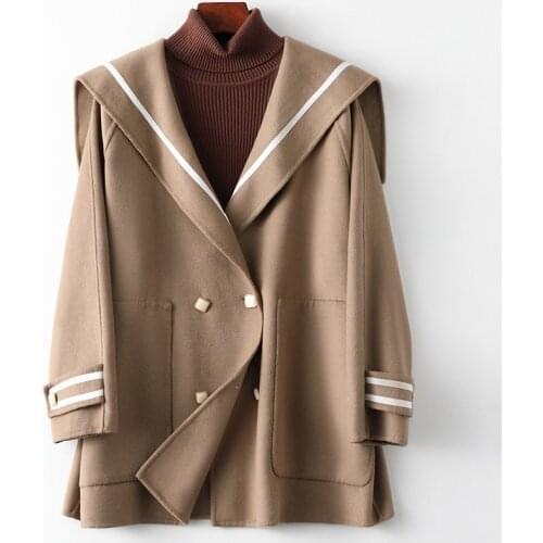 2021 Spring New Double Faced Tweed Coat Loose Medium Length 100% Wool Ol Commuter Lapel Double Row Button Khaki Black Jacket