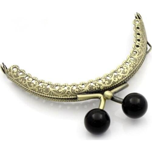 10Pcs Clutch Ruffled Handbag Coins Purse Arc Arch Frame Kiss Clasps Bronze Tone Lock Handle Making Black Resin Ball 8.8x7.5cm