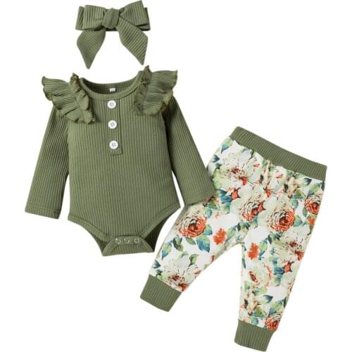 Fashion Newborn Baby Girl Autumn Clothes 3pcs Solid Long Sleeve Bodysuit Tops+Florals Pants+Headband Outfits 0-18M New