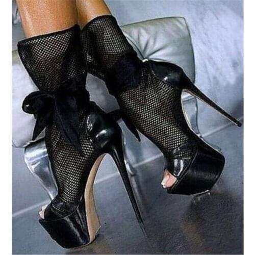 Platform Hollow Out Sexy Summer Ankle Boots Butterfly Bow Women Mesh Slip on Ladies High Heel Gladiator Sandals Botas Mujer