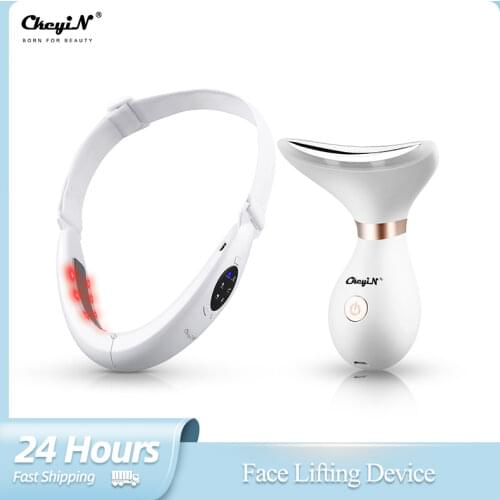 CkeyiN V Shaped Facial Liting Device Slimming Face Tightening Machine Red Light Therapy Neck EMS Massager Removal Double Chin
