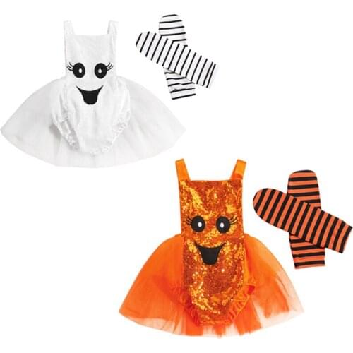 0-24M Infant Baby Girl Halloween Clothes Cartoon Patterns Square Neck Sleeveless Romper Striped Leg Warmer