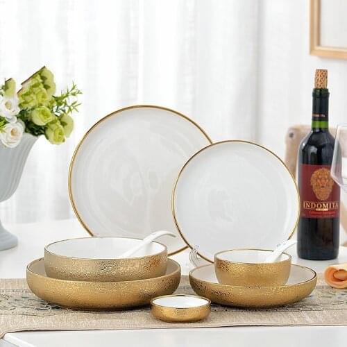 Bone china Gold Ceramic Tableware dinner plates Matte Bright Relief Gold Bowl Dish & Plate Home Dish Western Dish Soup Plate Set