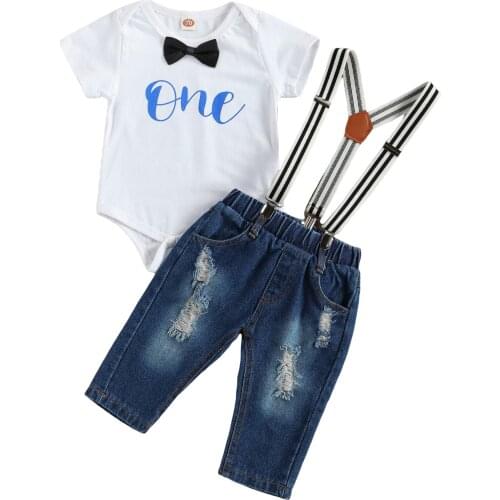 Summer Infants Baby Boy Gentlemen Suits Two Pieces Party Set Bow Tie Bodysuit Top+Holes Straps Denim Pants Baby Boy Sets 0-18M