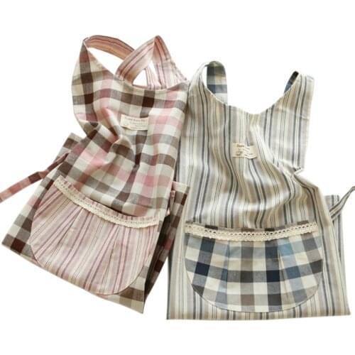 Linen Cotton Apron Cute Plaid Stripe Kitchen Cooking Suspenders Aprons Japanese Housework Baking Florist overalls Uniform Apron