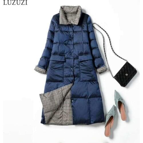 LUZUZI 2020 Double Sided Womens Winter Down Jackets Stand Collar White Duck Down Coat Female Light Long Jacket Feminino Parkas
