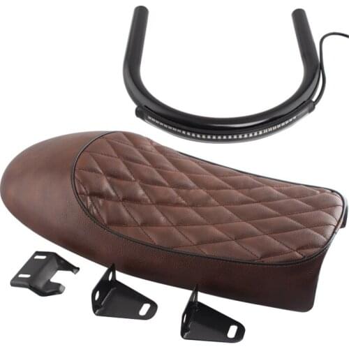 Motorcycle Brown Hump Seat 200mm Black Frame Hoop Loop LED Turn Signal Tail Light Kit For Yamaha Harley BMW Honda Cafe Racer
