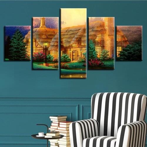 Wall Art Canvas Picture Bedside Background Bedroom Decor 5 Pieces Country Cabin Scenery HD Printed Poster Frame Modular Painting