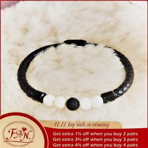 2021 New Trendy Cool Stainless Steel Magnet Buckle Microfiber Leather Volcanic Stone Beaded Bracelet Jewelry Nice Gift for Men