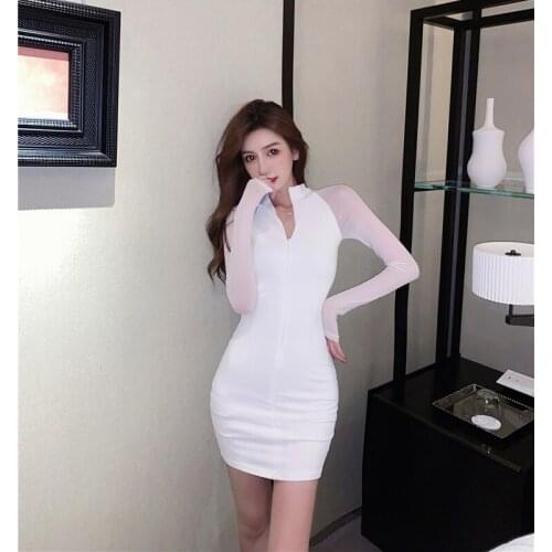 Autumn mesh stitching long-sleeved slim bag hip dress