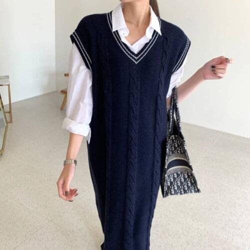 Casual Winter V-neck Loose Straight Sleeveless Sweater Dress Women Oversized Side Split Female Knitted Vest Dress Korea 2021